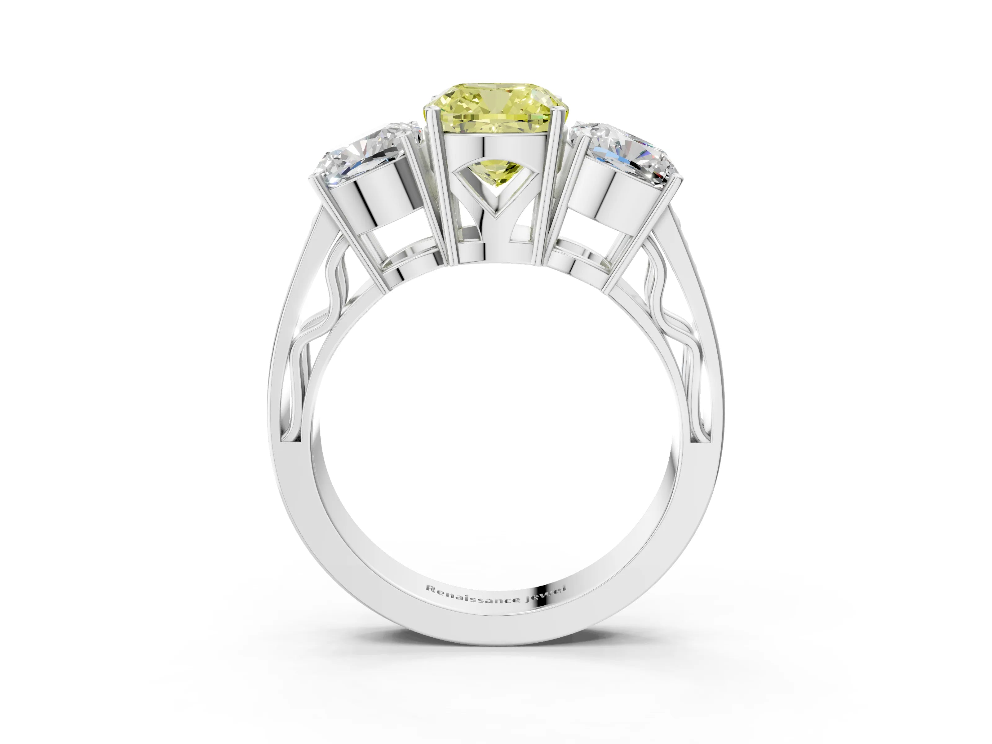 White gold Fancy Yellow Cushion Cut Diamond Three-Stone Ring with Prong Setting and Textured Band_15