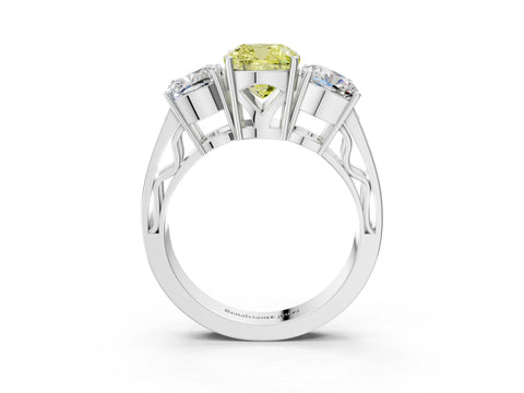 White gold Fancy Yellow Cushion Cut Diamond Three-Stone Ring with Prong Setting and Textured Band_15