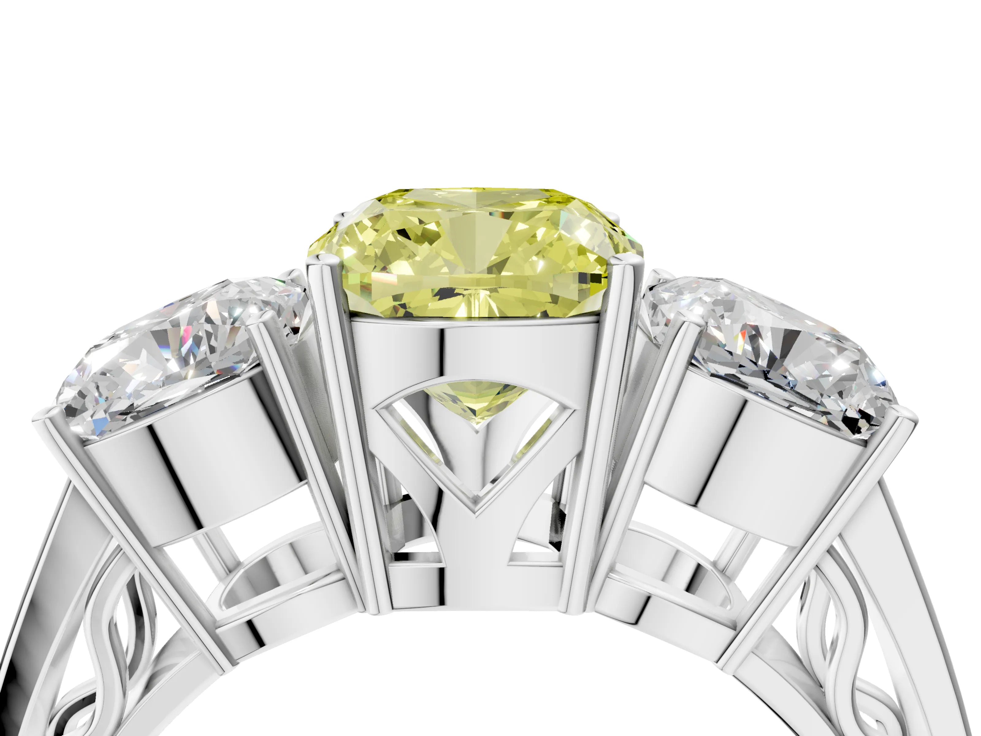 White gold Fancy Yellow Cushion Cut Diamond Three-Stone Ring with Prong Setting and Textured Band_16