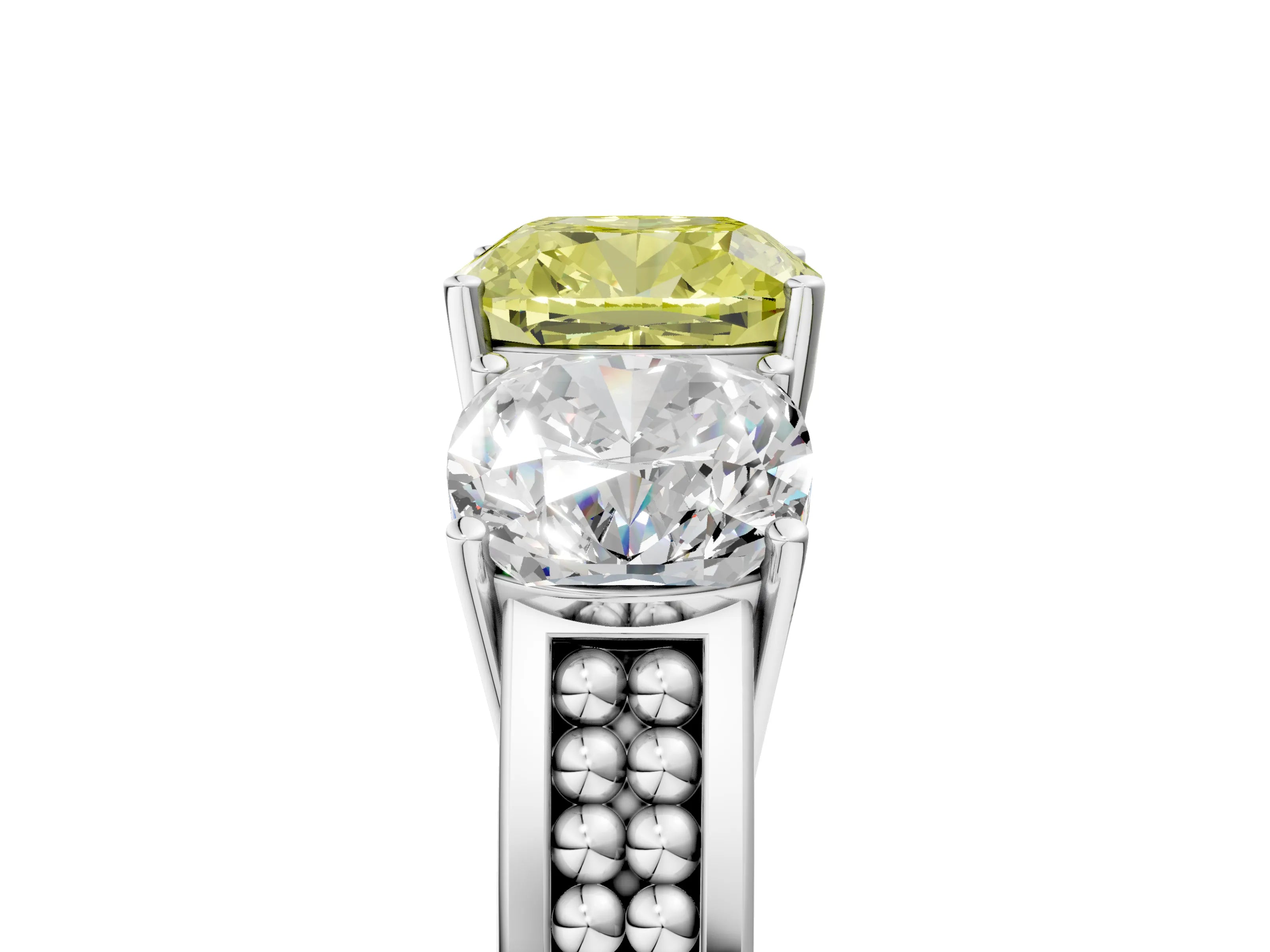 White gold Fancy Yellow Cushion Cut Diamond Three-Stone Ring with Prong Setting and Textured Band_17