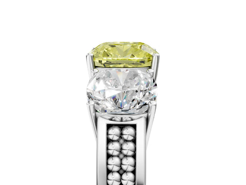White gold Fancy Yellow Cushion Cut Diamond Three-Stone Ring with Prong Setting and Textured Band_17