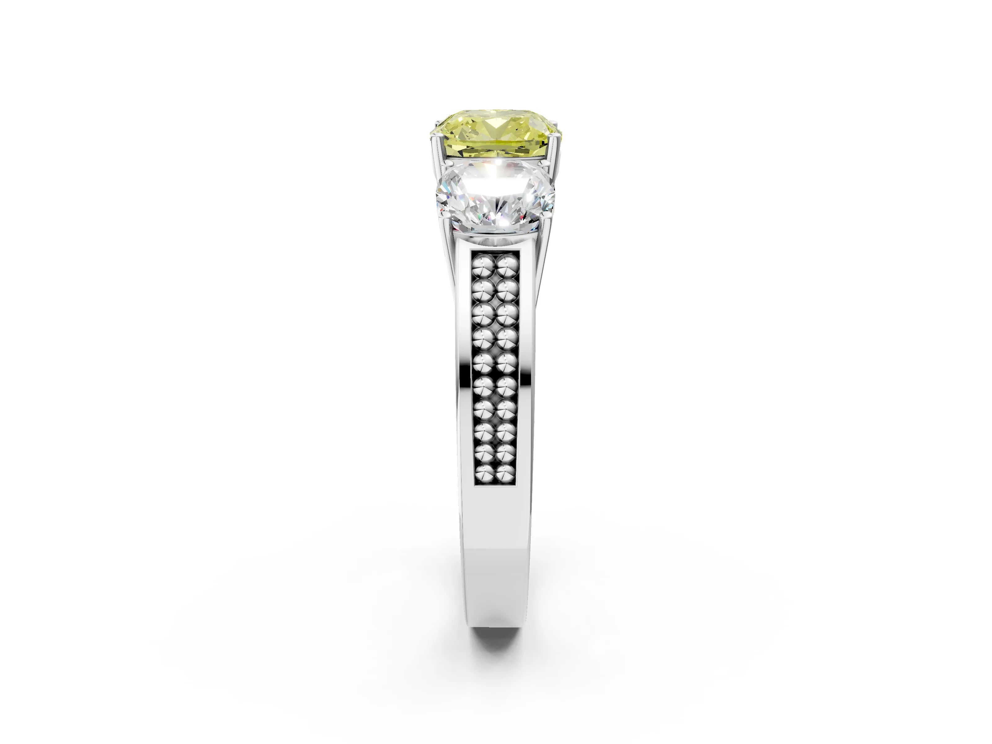 White gold Fancy Yellow Cushion Cut Diamond Three-Stone Ring with Prong Setting and Textured Band_2