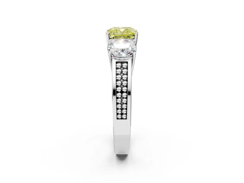 White gold Fancy Yellow Cushion Cut Diamond Three-Stone Ring with Prong Setting and Textured Band_2