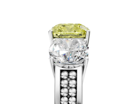 White gold Fancy Yellow Cushion Cut Diamond Three-Stone Ring with Prong Setting and Textured Band_5