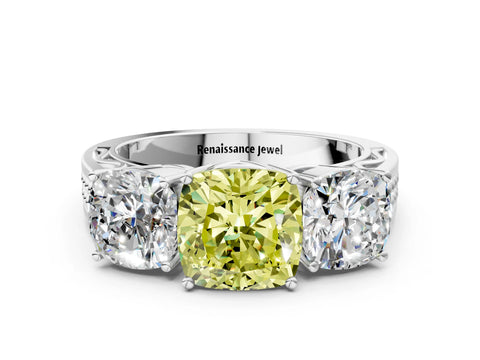 White gold Fancy Yellow Cushion Cut Diamond Three-Stone Ring with Prong Setting and Textured Band