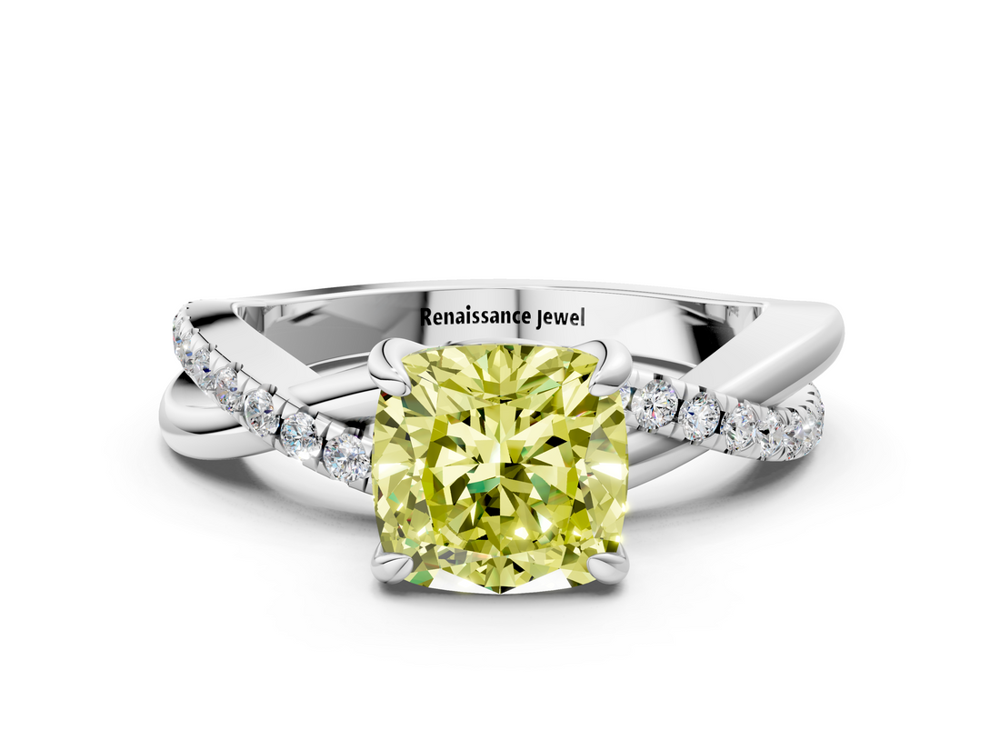 White gold Fancy Yellow Cushion  Cut Diamond Twist Band Solitaire with Prong Setting_24