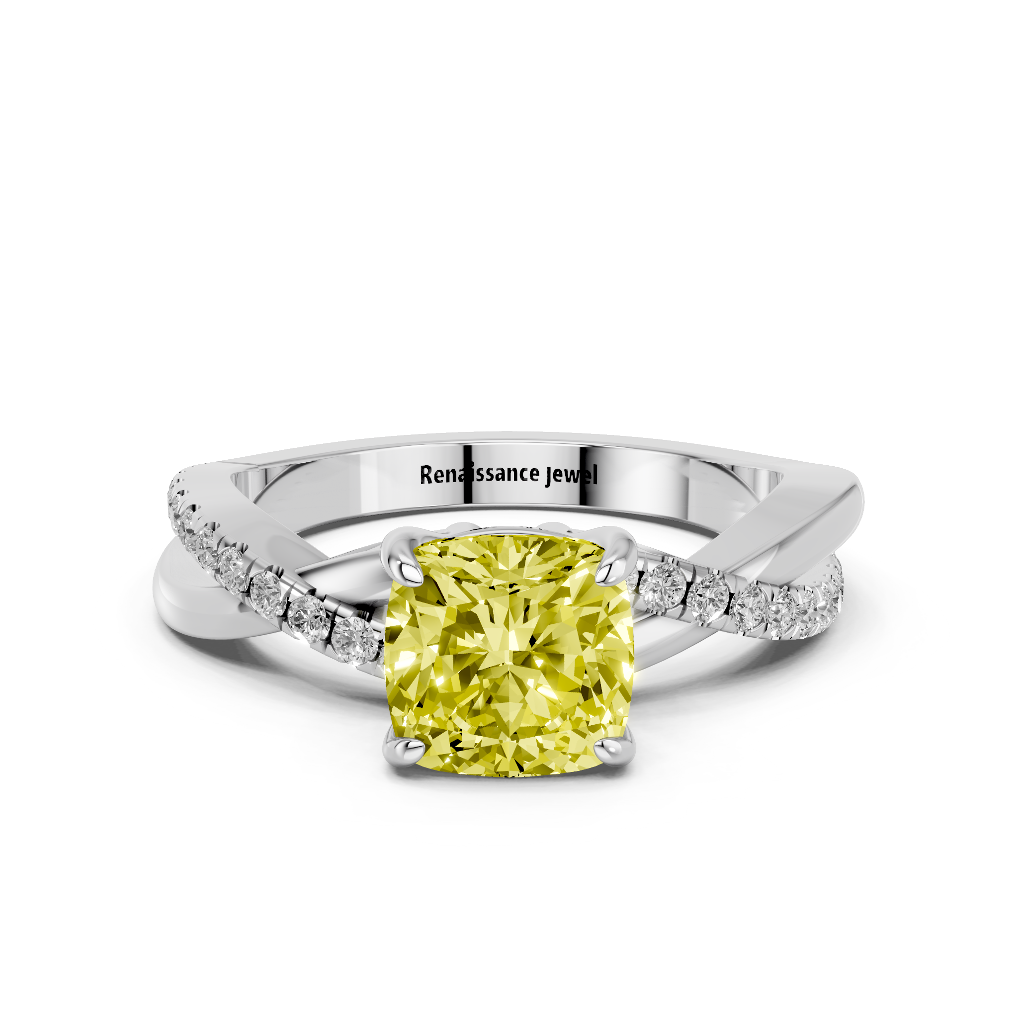 White gold Fancy Yellow Cushion  Cut Diamond Twist Band Solitaire with Prong Setting_3