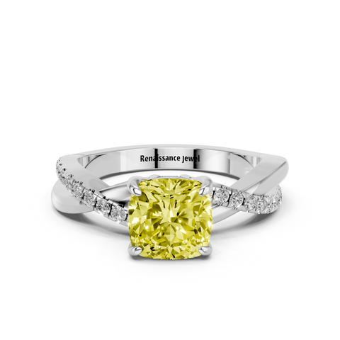 White gold Fancy Yellow Cushion  Cut Diamond Twist Band Solitaire with Prong Setting_3