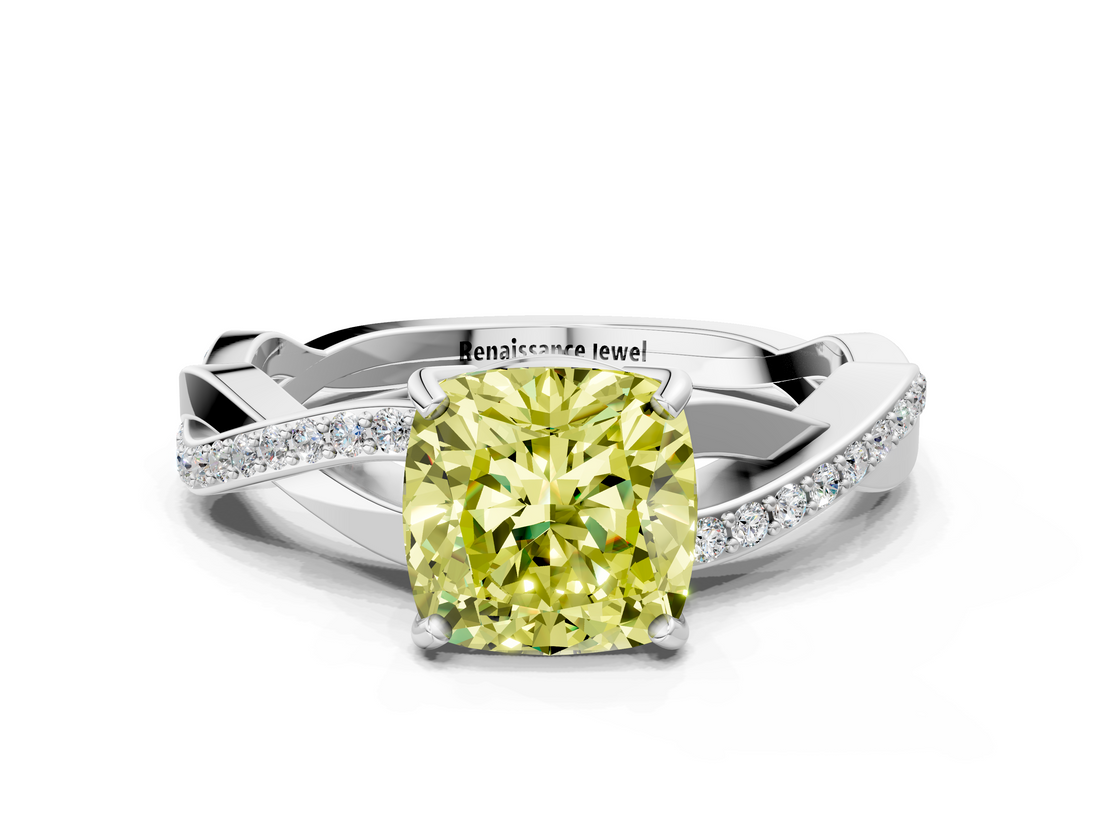 White gold Fancy Yellow Cushion  Cut Diamond Twisted Band Engagement Ring with Prong Setting_3