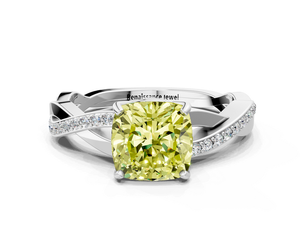 White gold Fancy Yellow Cushion  Cut Diamond Twisted Band Engagement Ring with Prong Setting