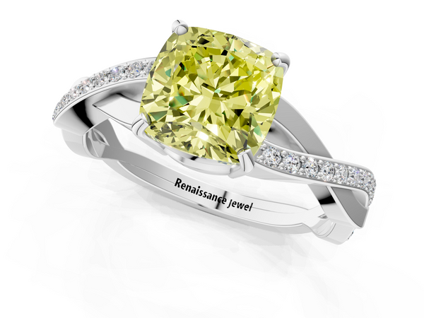 White gold Fancy Yellow Cushion  Cut Diamond Twisted Band Engagement Ring with Prong Setting
