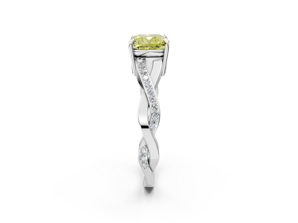 White gold Fancy Yellow Cushion  Cut Diamond Twisted Band Engagement Ring with Prong Setting