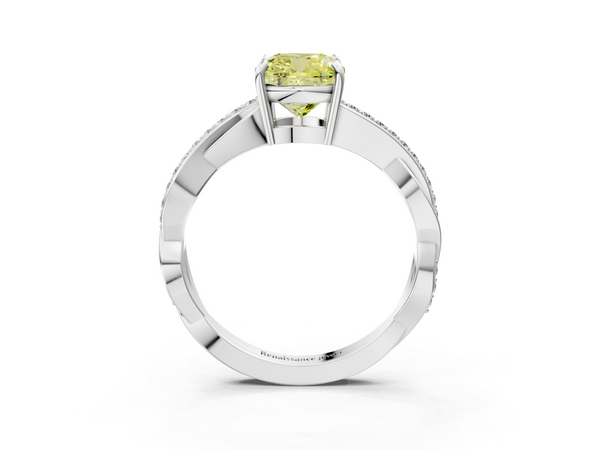 White gold Fancy Yellow Cushion  Cut Diamond Twisted Band Engagement Ring with Prong Setting