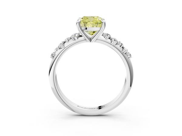 Platinum Fancy Yellow Cushion  Cut Diamond Vine Band with Four-Prong Setting