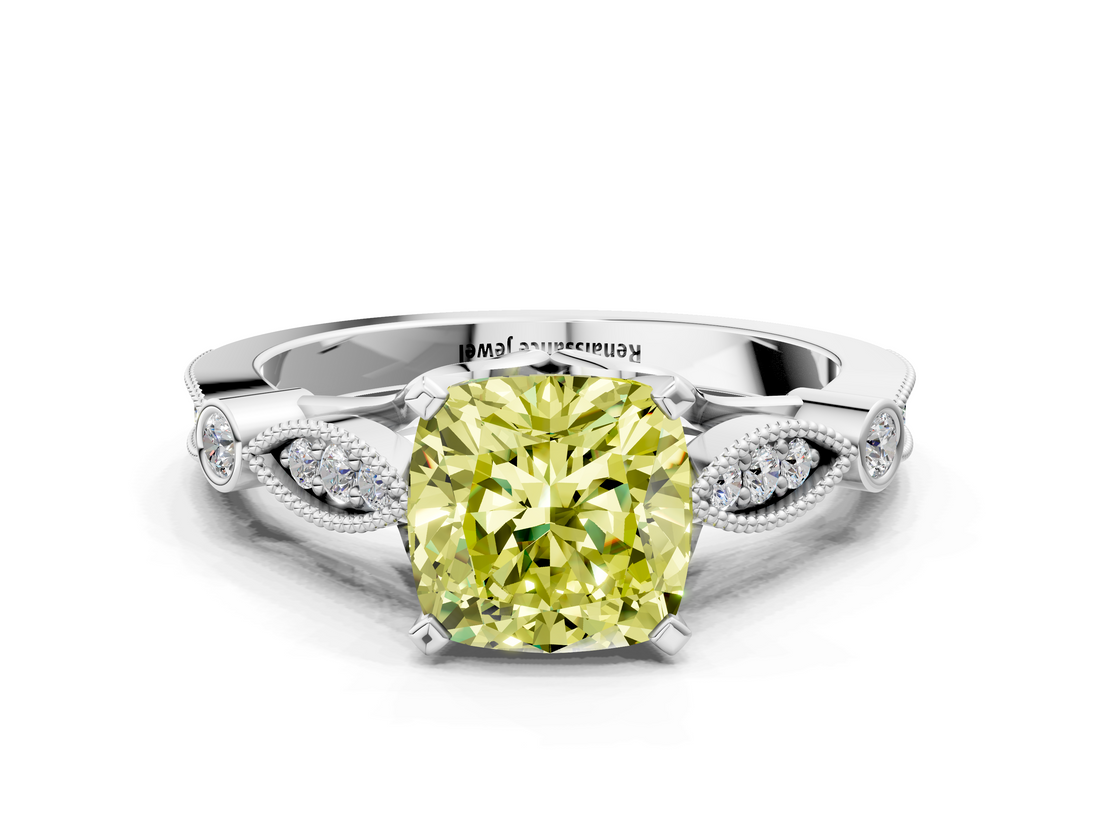 White gold Fancy Yellow Cushion  Cut Diamond with Milgrain Marquise and Bezel Accents on a Solitaire Band with Prong Setting_232