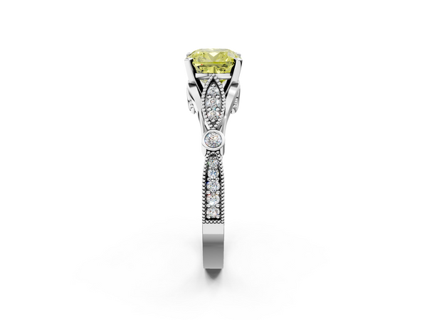 White gold Fancy Yellow Cushion  Cut Diamond with Milgrain Marquise and Bezel Accents on a Solitaire Band with Prong Setting