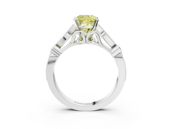 White gold Fancy Yellow Cushion  Cut Diamond with Milgrain Marquise and Bezel Accents on a Solitaire Band with Prong Setting