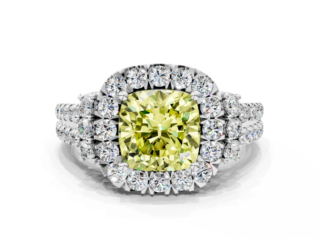 White gold Fancy Yellow Cushion  Cut Double Halo Diamond Engagement Ring with Pave Band and Four-Prong Setting_38