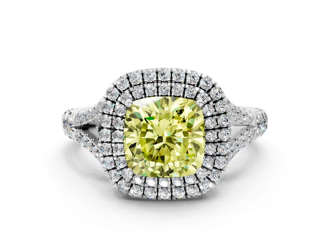 White gold Fancy Yellow Cushion  Cut Double Halo Split Shank Diamond Ring with Prong Setting_48