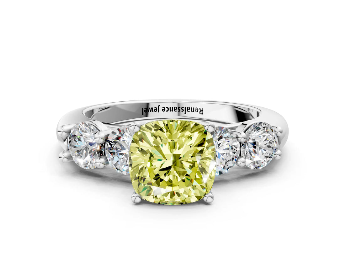 White gold Fancy Yellow Cushion  Cut Five-Stone Prong Set Diamond Ring with Classic Band_32