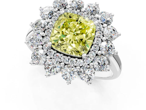 White gold Fancy Yellow Cushion Cut Halo Cluster Diamond Ring with Pave Band and Four-Prong Setting_13