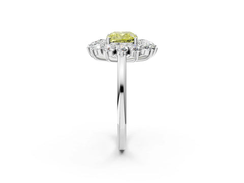 White gold Fancy Yellow Cushion Cut Halo Cluster Diamond Ring with Pave Band and Four-Prong Setting_14