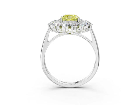 White gold Fancy Yellow Cushion Cut Halo Cluster Diamond Ring with Pave Band and Four-Prong Setting_15