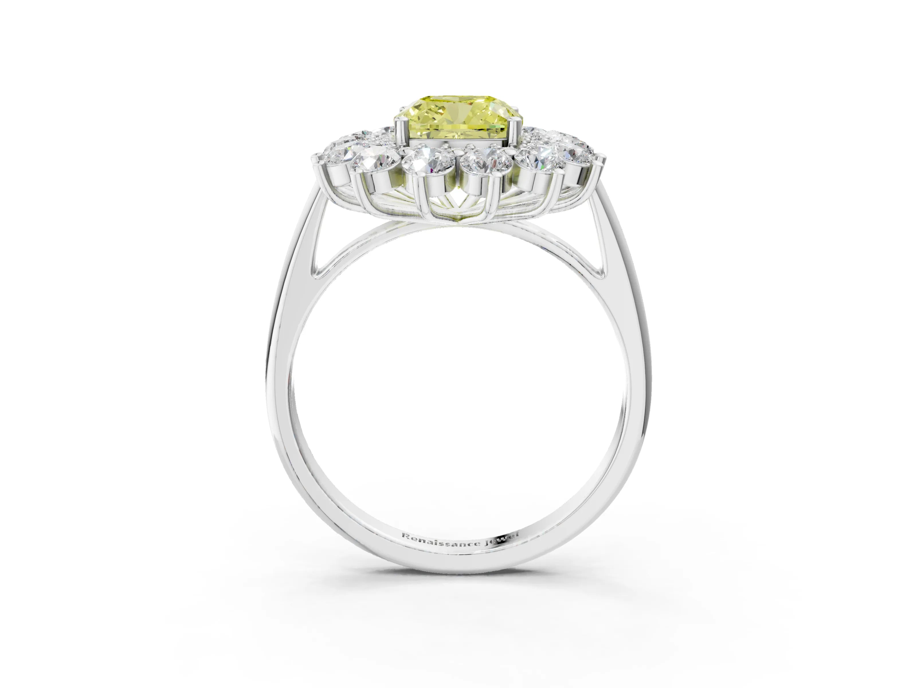 White gold Fancy Yellow Cushion Cut Halo Cluster Diamond Ring with Pave Band and Four-Prong Setting_15
