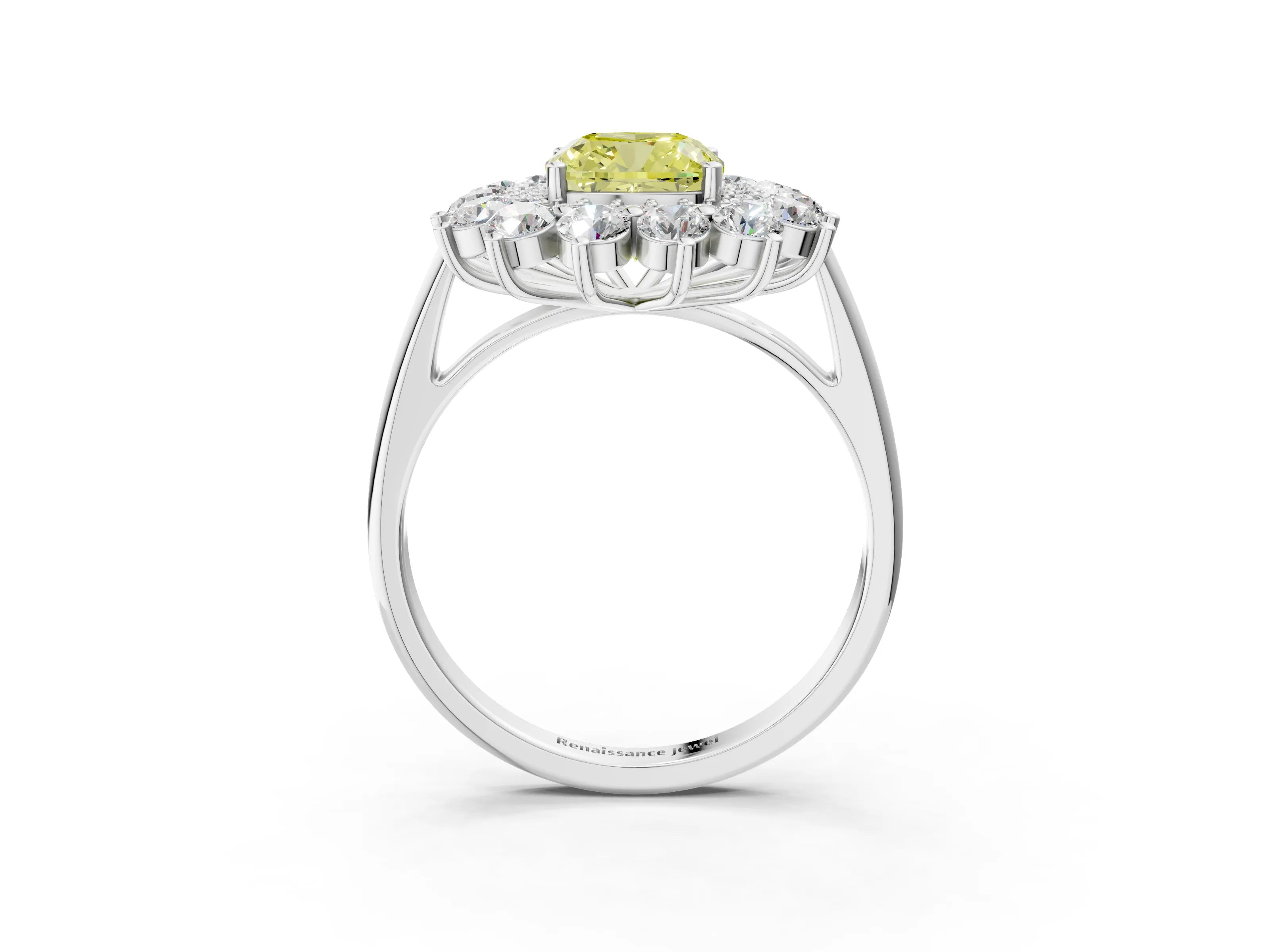 White gold Fancy Yellow Cushion Cut Halo Cluster Diamond Ring with Pave Band and Four-Prong Setting_3