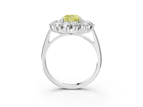 White gold Fancy Yellow Cushion Cut Halo Cluster Diamond Ring with Pave Band and Four-Prong Setting_3
