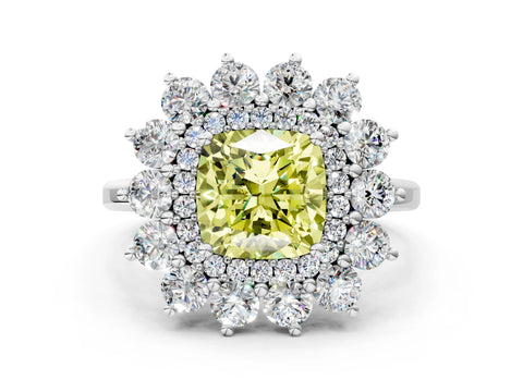 White gold Fancy Yellow Cushion Cut Halo Cluster Diamond Ring with Pave Band and Four-Prong Setting