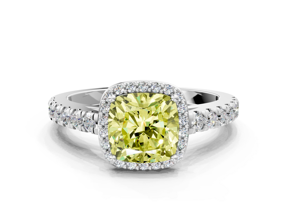 White gold Fancy Yellow Cushion  Cut Halo Diamond Engagement Ring with Pave Band and Four-Prong Setting_28