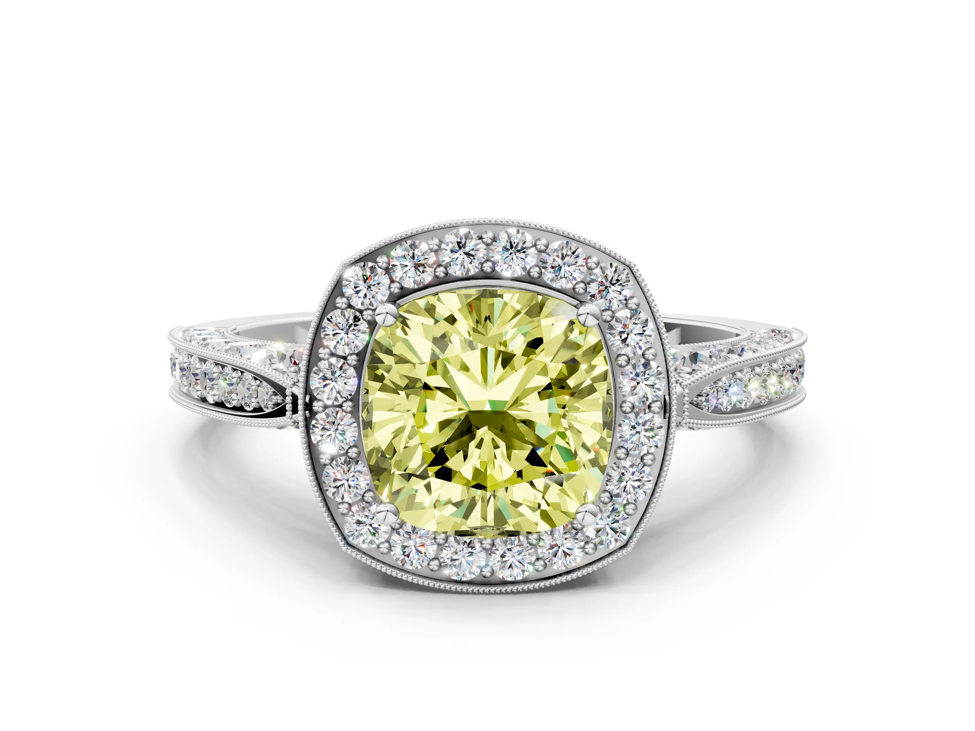 White gold Fancy Yellow Cushion Cut Halo Diamond Engagement Ring with Split Shank Band and Four-Prong Setting_12