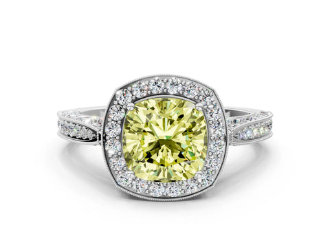 White gold Fancy Yellow Cushion Cut Halo Diamond Engagement Ring with Split Shank Band and Four-Prong Setting_12