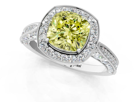 White gold Fancy Yellow Cushion Cut Halo Diamond Engagement Ring with Split Shank Band and Four-Prong Setting_13