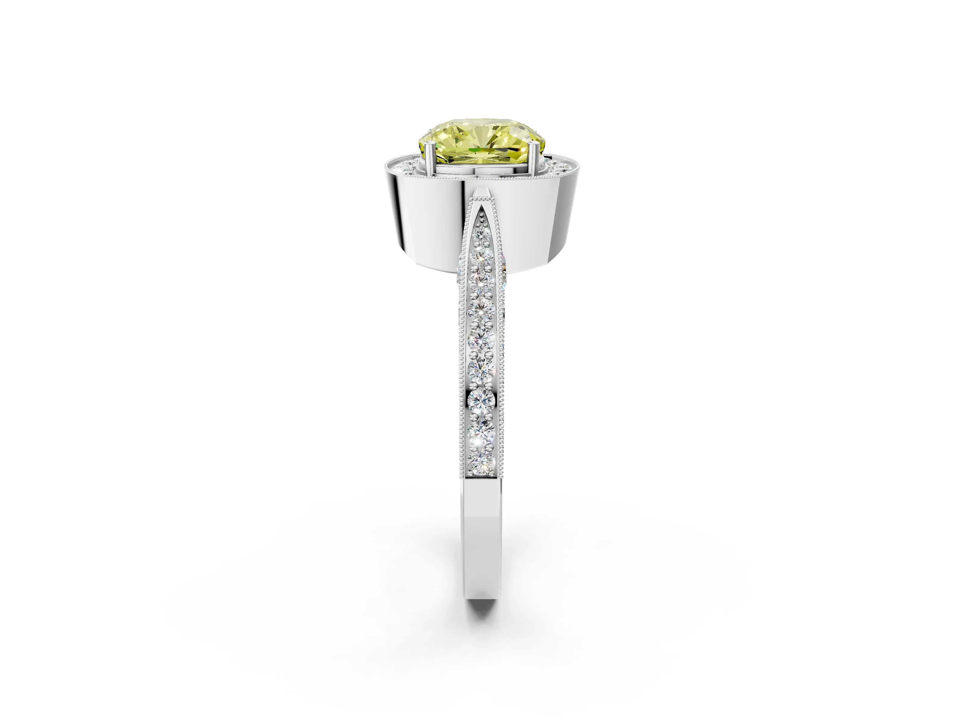 White gold Fancy Yellow Cushion Cut Halo Diamond Engagement Ring with Split Shank Band and Four-Prong Setting_14