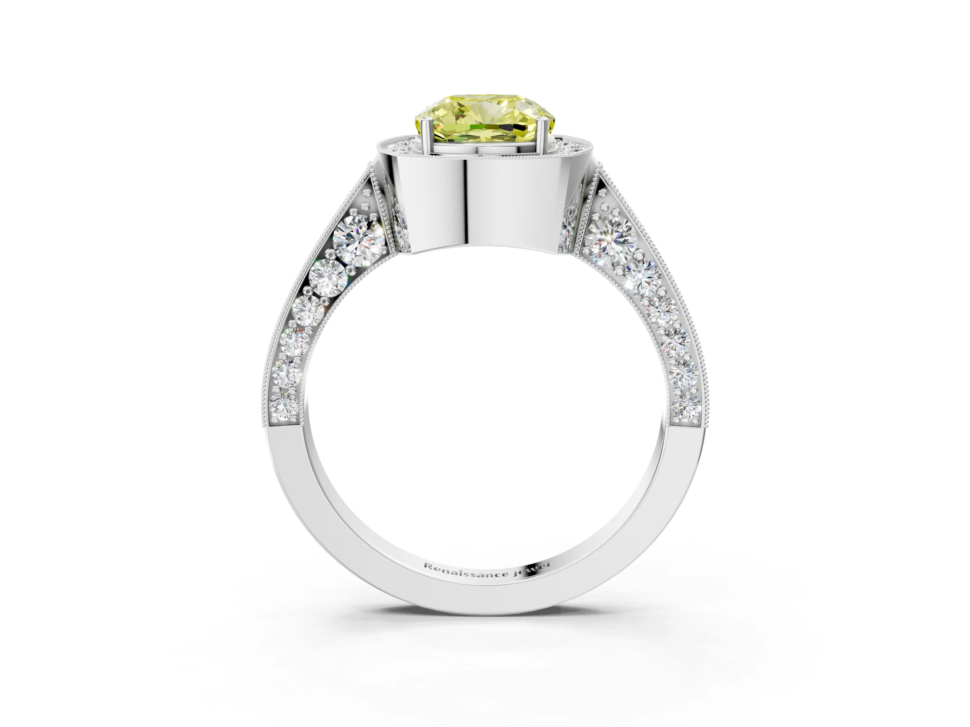 White gold Fancy Yellow Cushion Cut Halo Diamond Engagement Ring with Split Shank Band and Four-Prong Setting_15