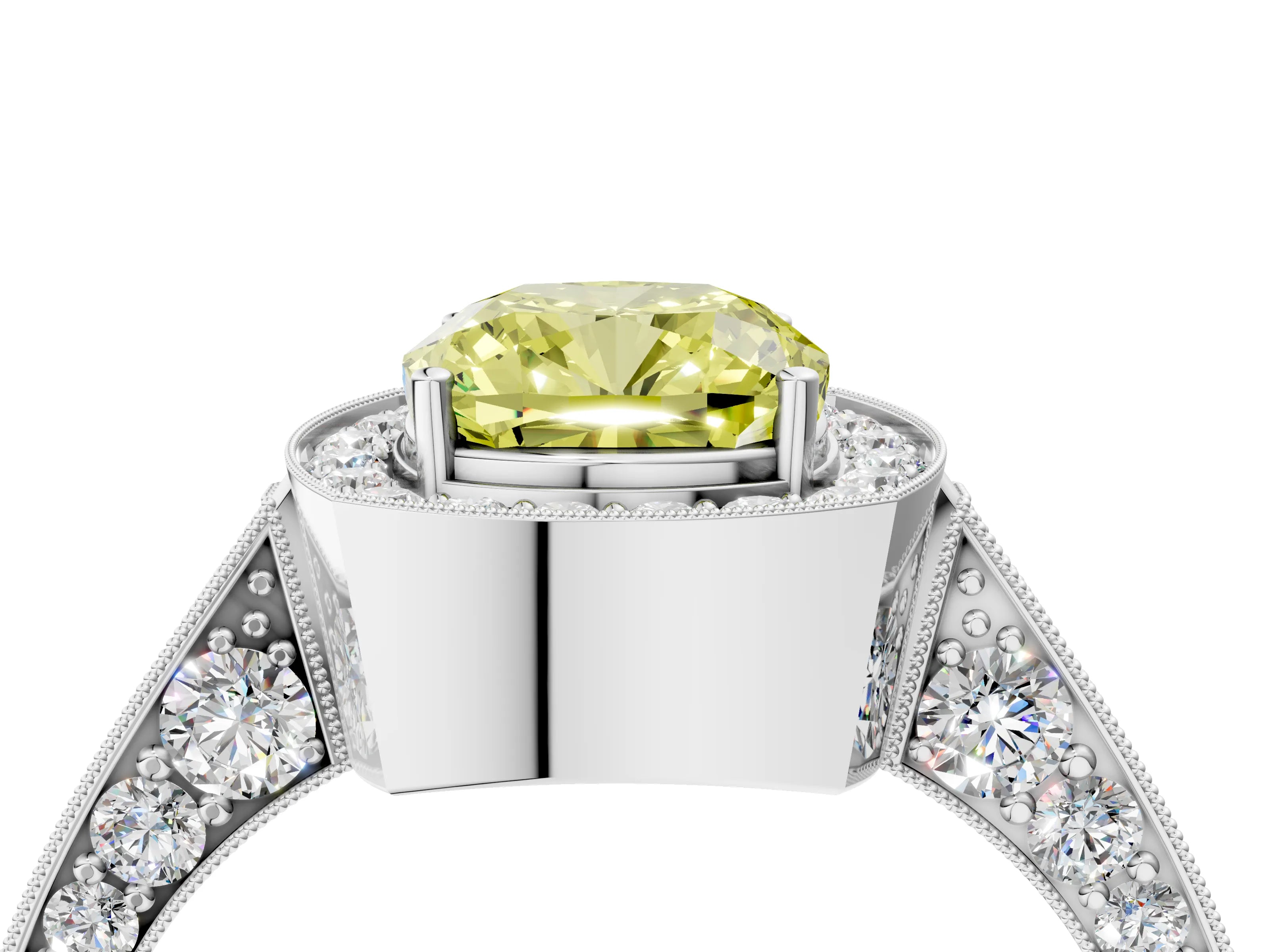 White gold Fancy Yellow Cushion Cut Halo Diamond Engagement Ring with Split Shank Band and Four-Prong Setting_16