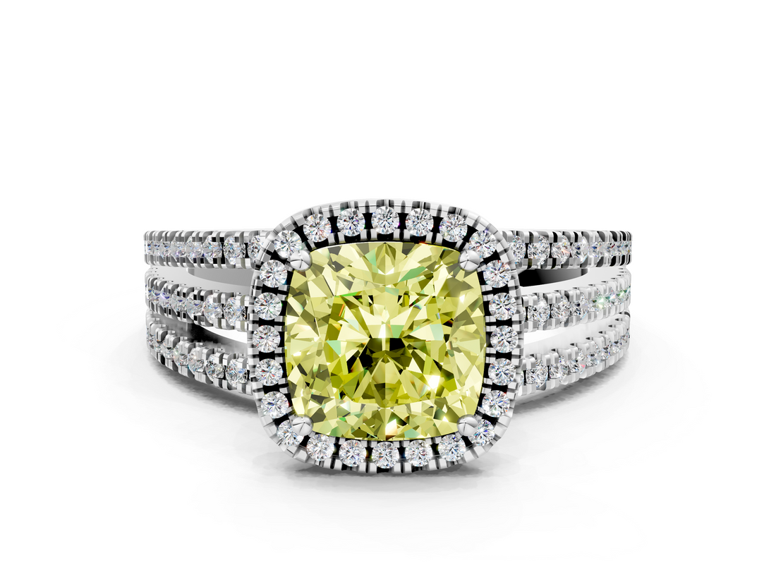 White gold Fancy Yellow Cushion  Cut Halo Diamond Engagement Ring with Split Shank and Four-Prong Setting_20