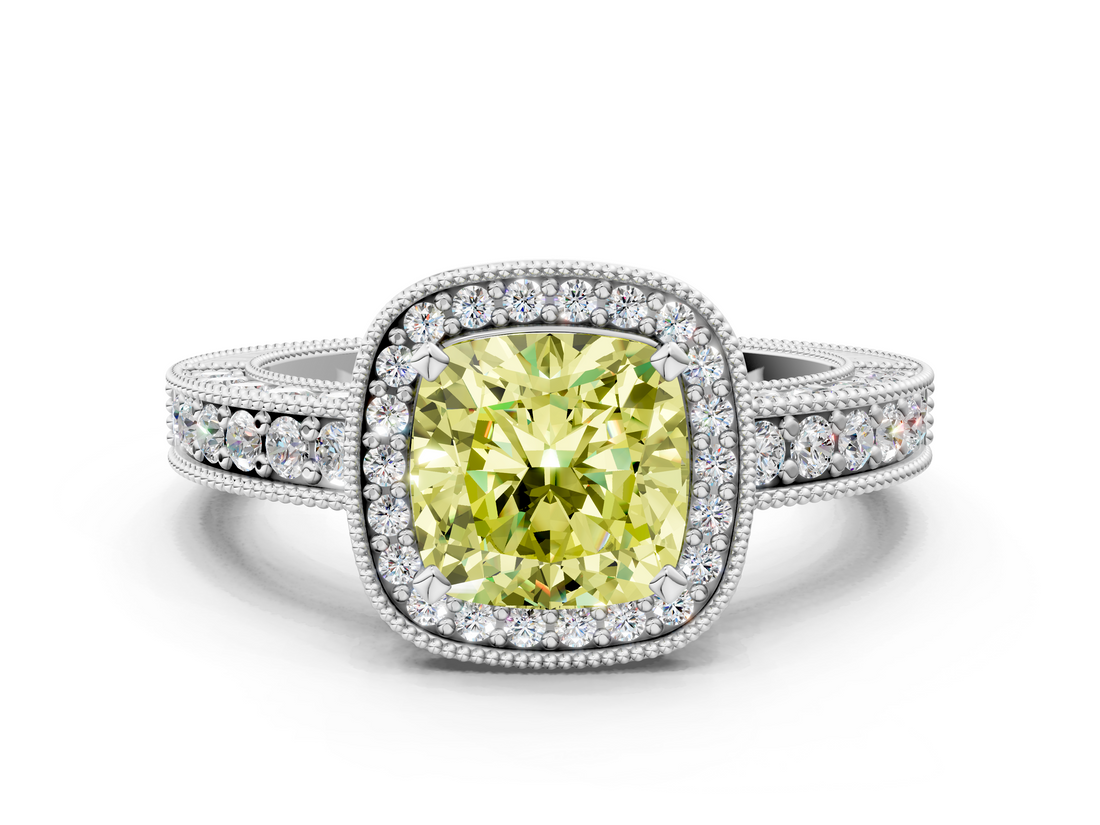 White gold Fancy Yellow Cushion  Cut Halo Diamond Pave Band Ring with Four-Prong Setting_44