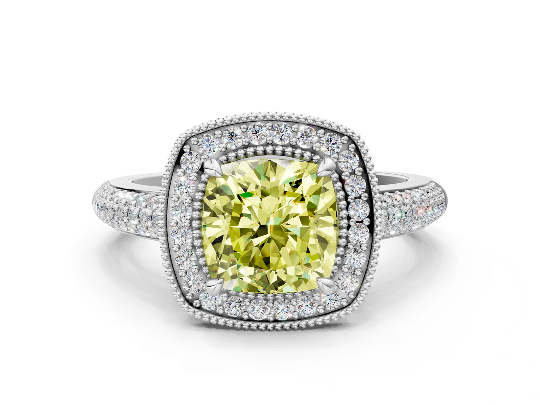 White gold Fancy Yellow Cushion  Cut Halo Diamond Pave Band with Four-Prong Setting_36