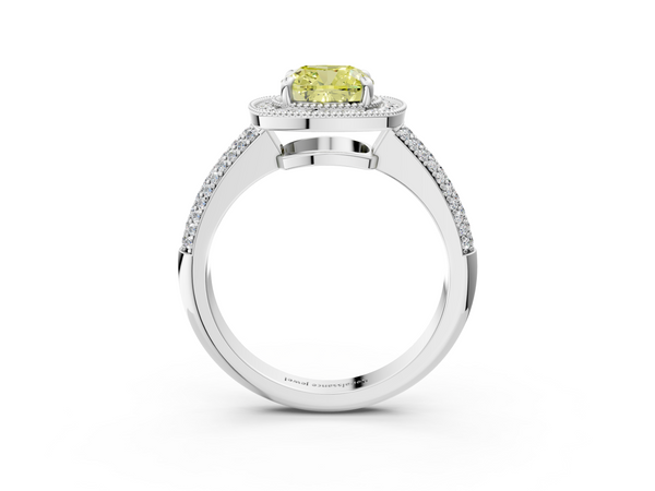 Platinum Fancy Yellow Cushion  Cut Halo Diamond Pave Band with Four-Prong Setting