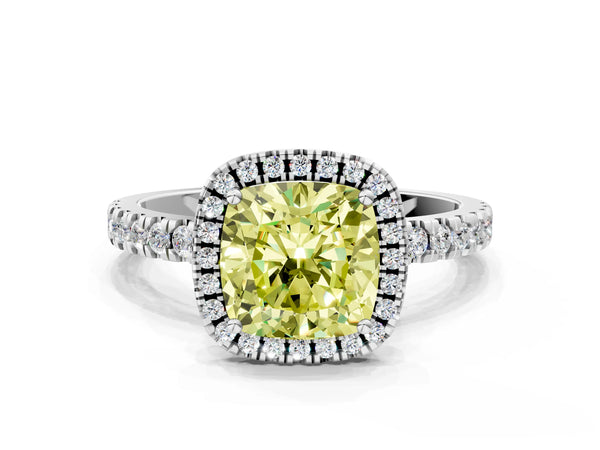 White gold Fancy Yellow Cushion Cut Halo Diamond Pave Band with Prong Setting