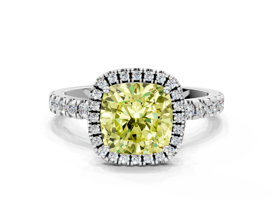 White gold Fancy Yellow Cushion Cut Halo Diamond Pave Band with Prong Setting_36
