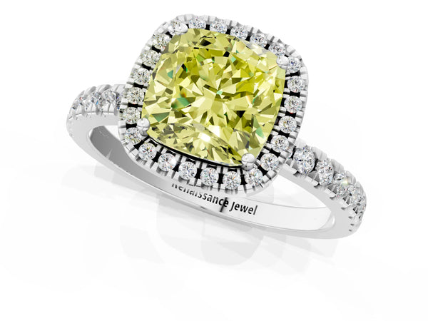 White gold Fancy Yellow Cushion Cut Halo Diamond Pave Band with Prong Setting