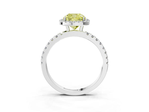 White gold Fancy Yellow Cushion Cut Halo Diamond Pave Band with Prong Setting