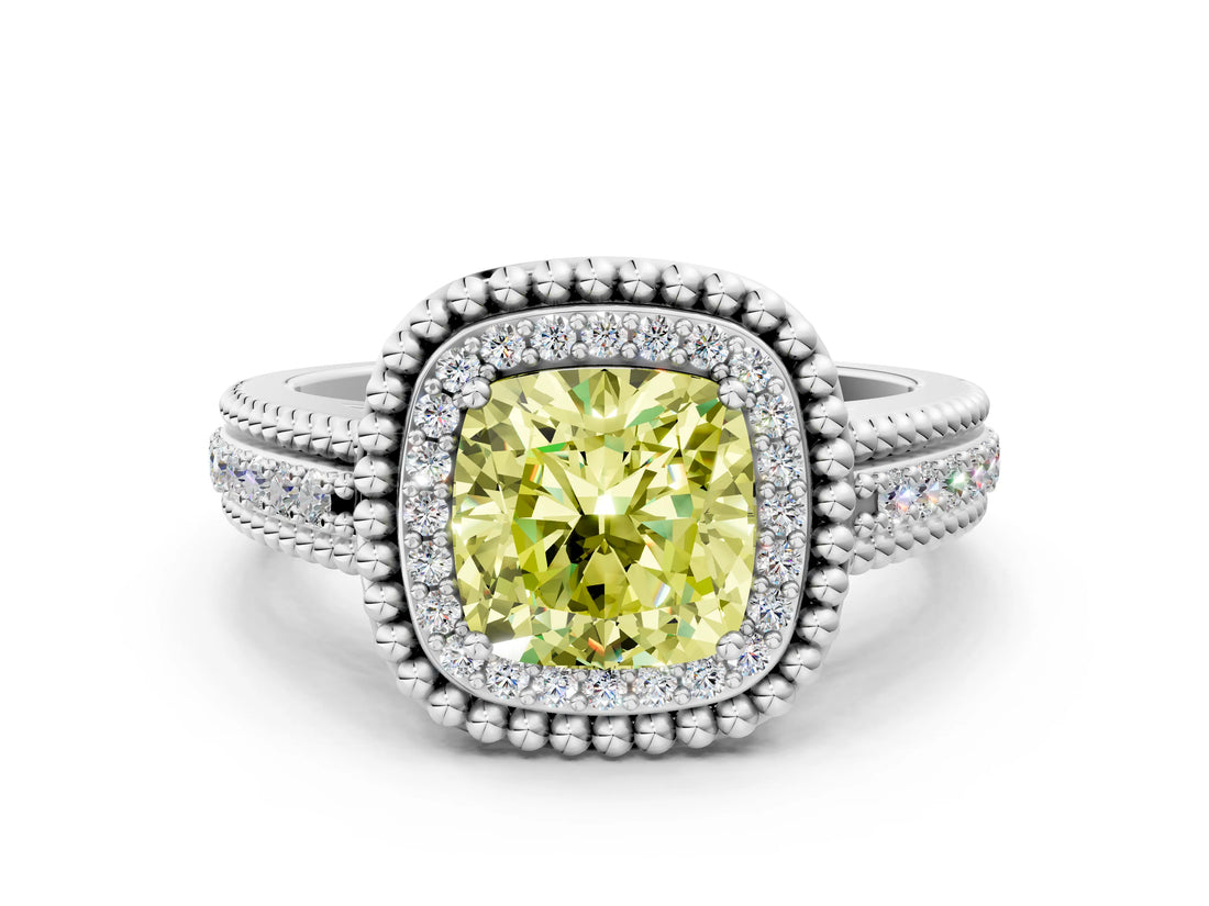 White gold Fancy Yellow Cushion Cut Halo Diamond Ring with Beaded Split Shank and Four-Prong Setting