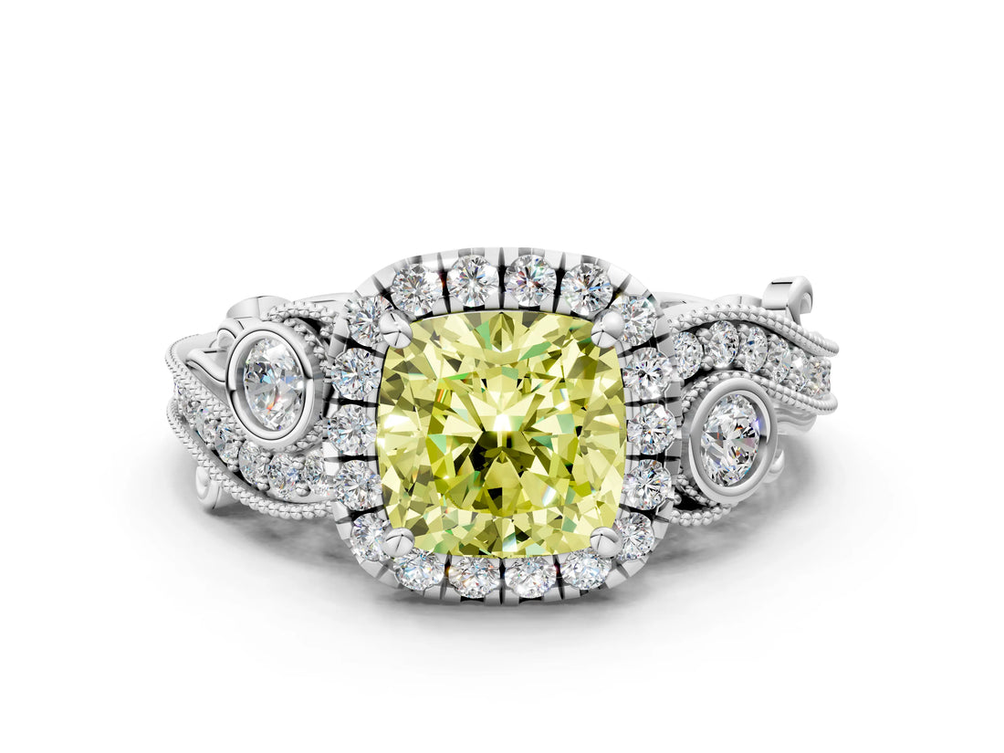 White gold Fancy Yellow Cushion Cut Halo Diamond Ring with Milgrain and Bezel Accents on a Split Shank Band_12