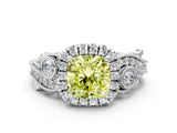 White gold Fancy Yellow Cushion Cut Halo Diamond Ring with Milgrain and Bezel Accents on a Split Shank Band_12
