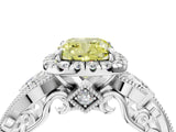 White gold Fancy Yellow Cushion Cut Halo Diamond Ring with Milgrain and Bezel Accents on a Split Shank Band_16